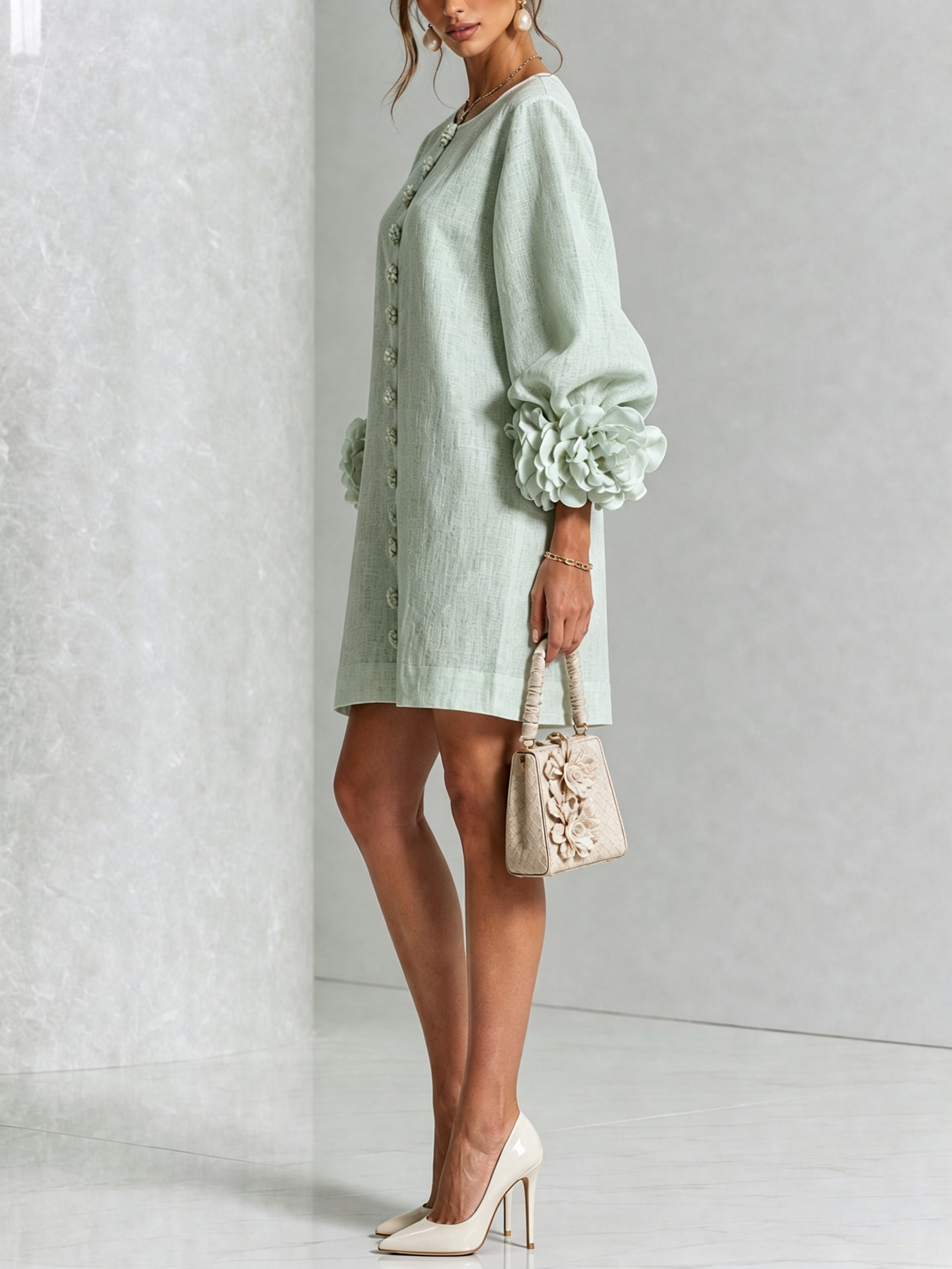 Sage Green Mini Dress with Floral Buttons and Flower Cuffs — view 3