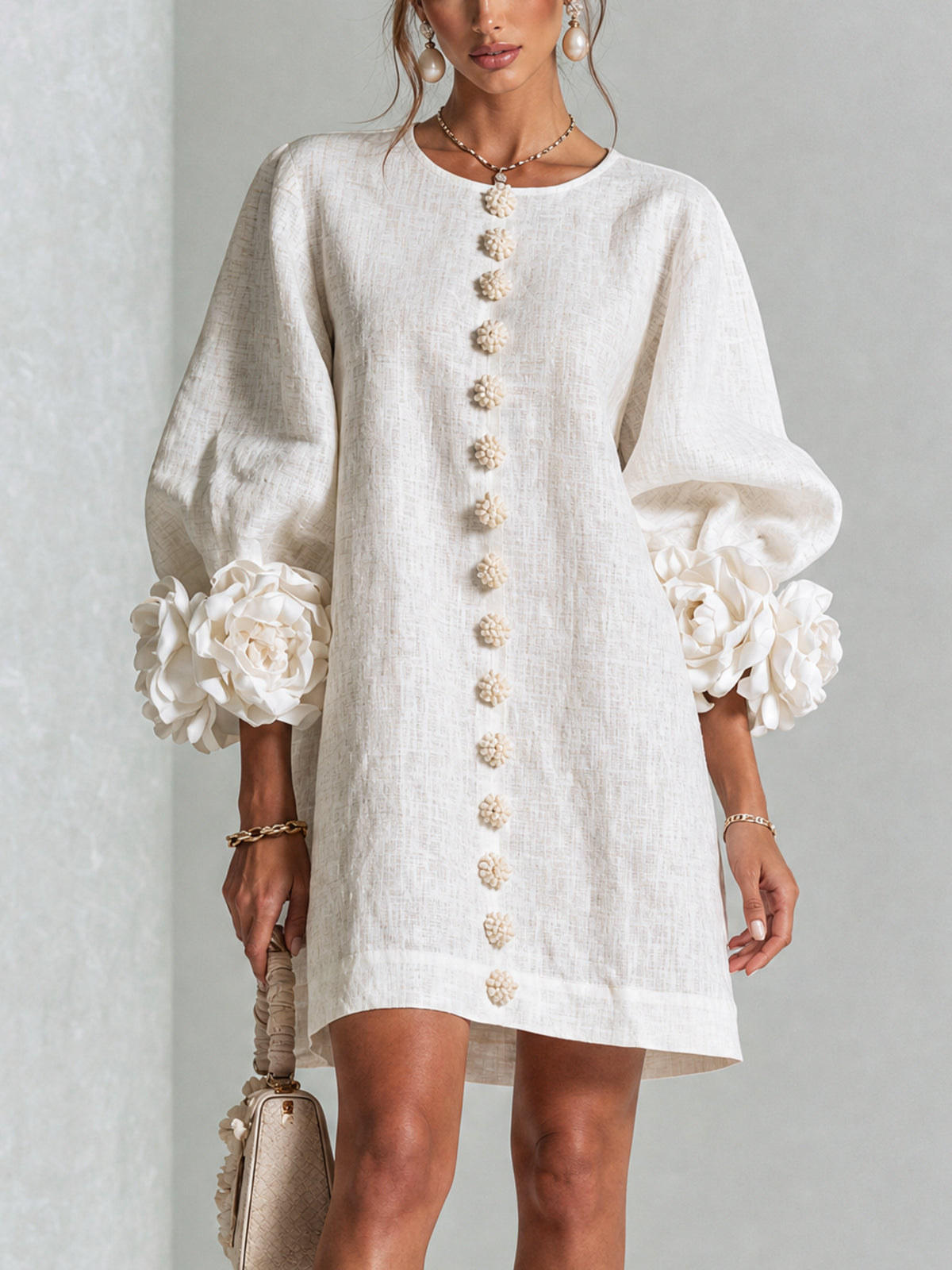 White Floral Mini Dress with Decorated Cuffs