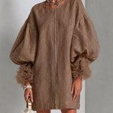 Brown Mini Dress with Balloon Sleeves and Front Zip — view 2