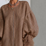 Brown Mini Dress with Balloon Sleeves and Front Zip