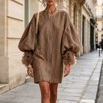 Brown Mini Dress with Balloon Sleeves and Front Zip — view 6