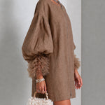 Brown Mini Dress with Balloon Sleeves and Front Zip — view 3