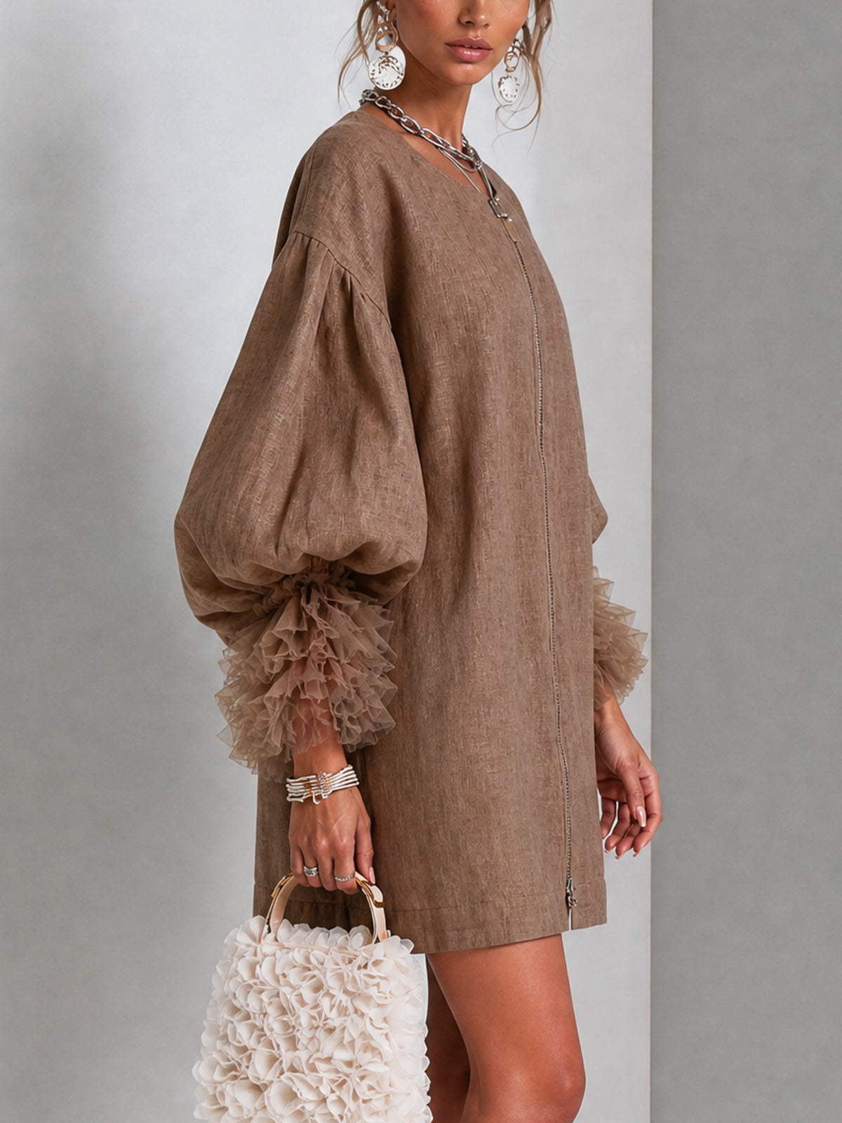 Brown Mini Dress with Balloon Sleeves and Front Zip — view 3