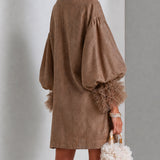 Brown Mini Dress with Balloon Sleeves and Front Zip — view 4