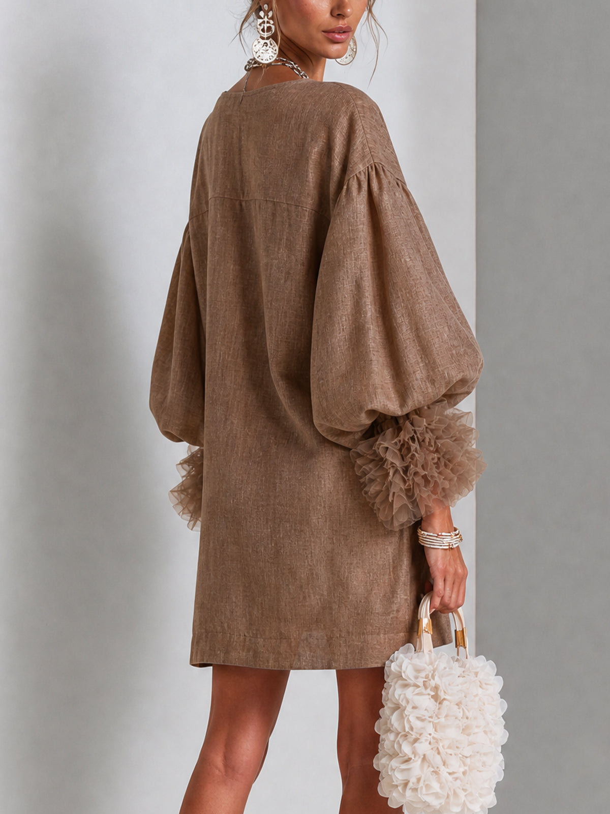 Brown Mini Dress with Balloon Sleeves and Front Zip — view 4