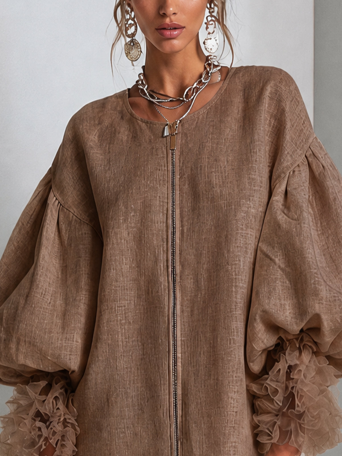 Brown Mini Dress with Balloon Sleeves and Front Zip — view 7