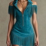 Peacock Blue Fitted Mini Dress with Zip and Fringing