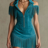 Peacock Blue Fitted Mini Dress with Zip and Fringing