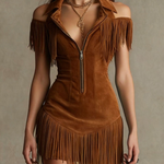 Peacock Blue Fitted Mini Dress with Zip and Fringing — view 3