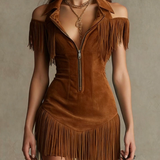 Peacock Blue Fitted Mini Dress with Zip and Fringing — view 3