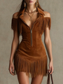 Peacock Blue Fitted Mini Dress with Zip and Fringing — view 3