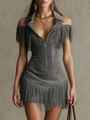 Peacock Blue Fitted Mini Dress with Zip and Fringing — view 5