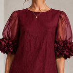 Burgundy Organza Mini Dress with Puffed Sleeves