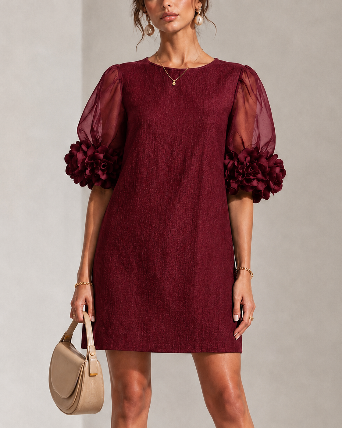 Burgundy Organza Mini Dress with Puffed Sleeves — view 2