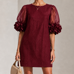 Burgundy Organza Mini Dress with Puffed Sleeves — view 2