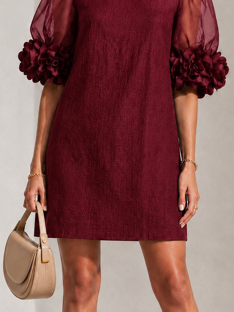 Burgundy Organza Mini Dress with Puffed Sleeves — view 6