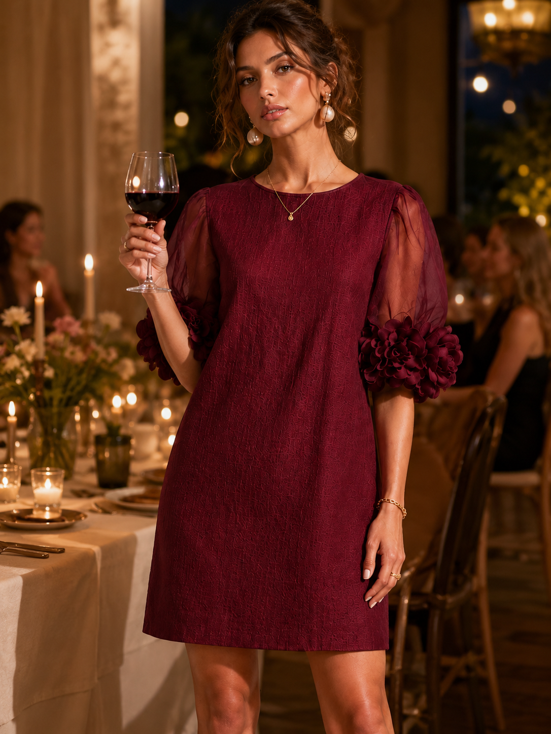 Burgundy Organza Mini Dress with Puffed Sleeves — view 5