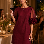 Burgundy Organza Mini Dress with Puffed Sleeves — view 5