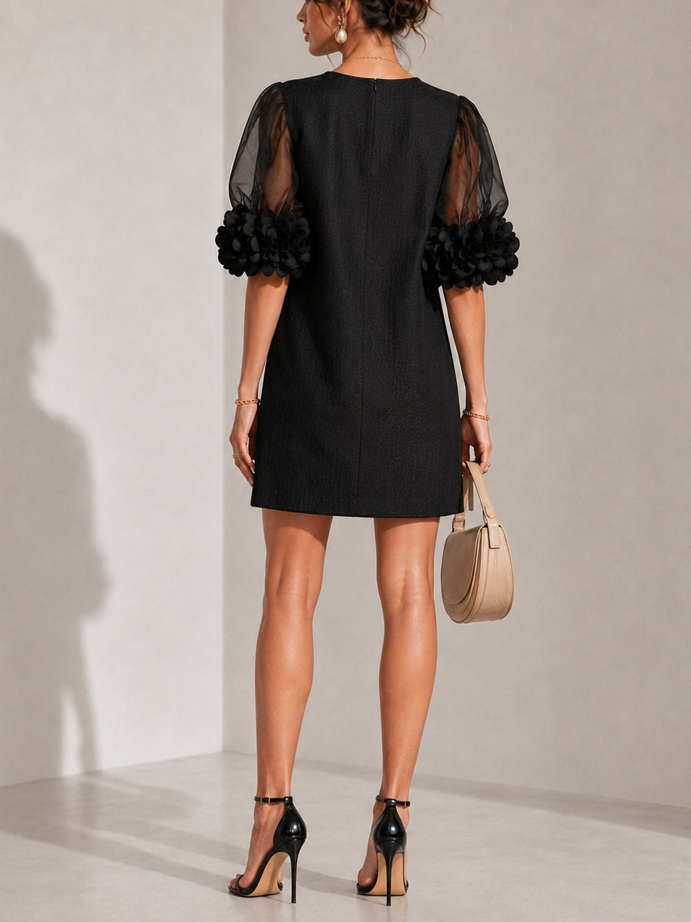 Black Organza Mini Dress with Puffed Sleeves — view 4