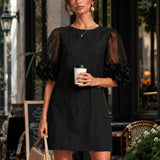 Black Organza Mini Dress with Puffed Sleeves — view 5