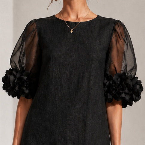 Black Organza Mini Dress with Puffed Sleeves