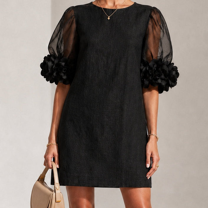 Black Organza Mini Dress with Puffed Sleeves — view 2
