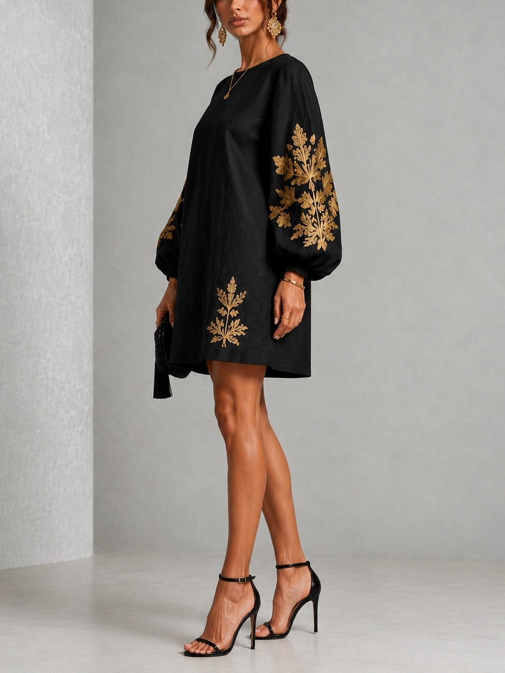 Black Mini Dress with Lantern Sleeves and Gold Pattern — view 3