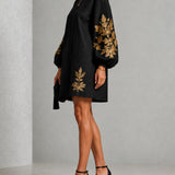 Black Mini Dress with Lantern Sleeves and Gold Pattern — view 3