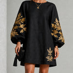 Black Mini Dress with Lantern Sleeves and Gold Pattern — view 2