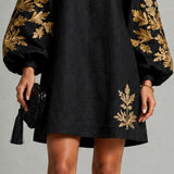 Black Mini Dress with Lantern Sleeves and Gold Pattern — view 5