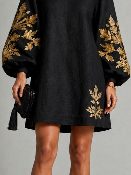 Black Mini Dress with Lantern Sleeves and Gold Pattern — view 5