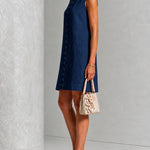 Navy Sleeveless Mini Dress with Florals and Buttons — view 3