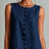 Navy Sleeveless Mini Dress with Florals and Buttons