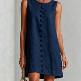 Navy Sleeveless Mini Dress with Florals and Buttons — view 2