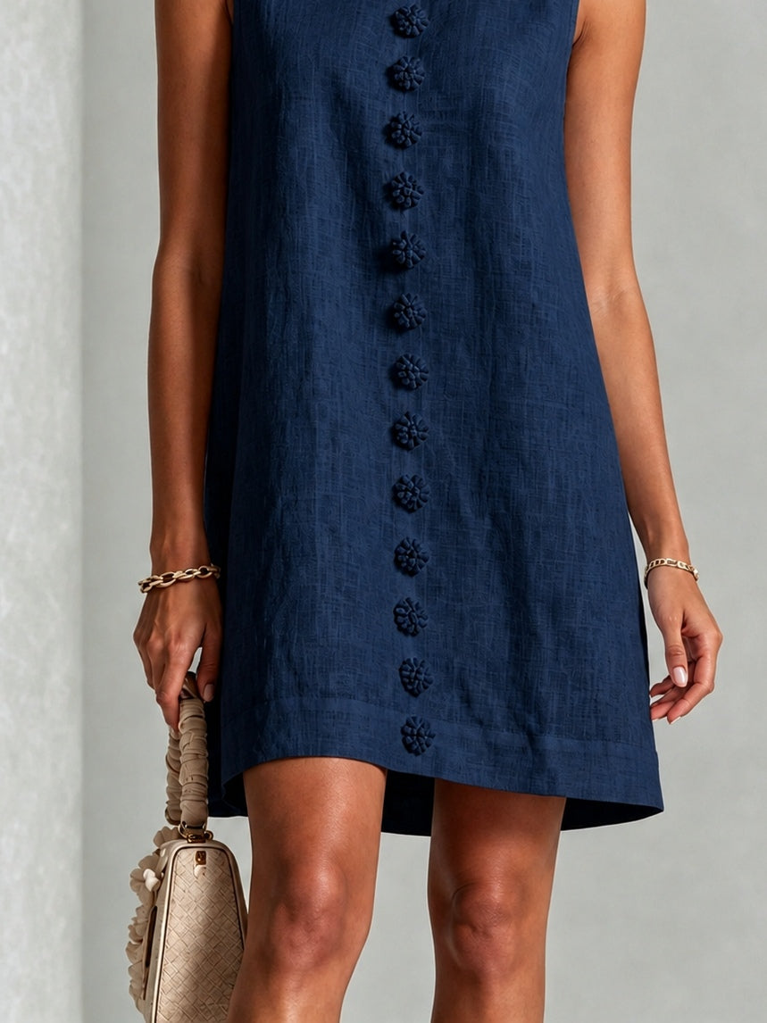 Navy Sleeveless Mini Dress with Florals and Buttons — view 5