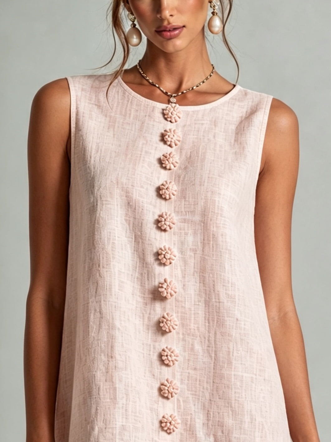 Pink Floral Sleeveless Mini Dress with Buttons