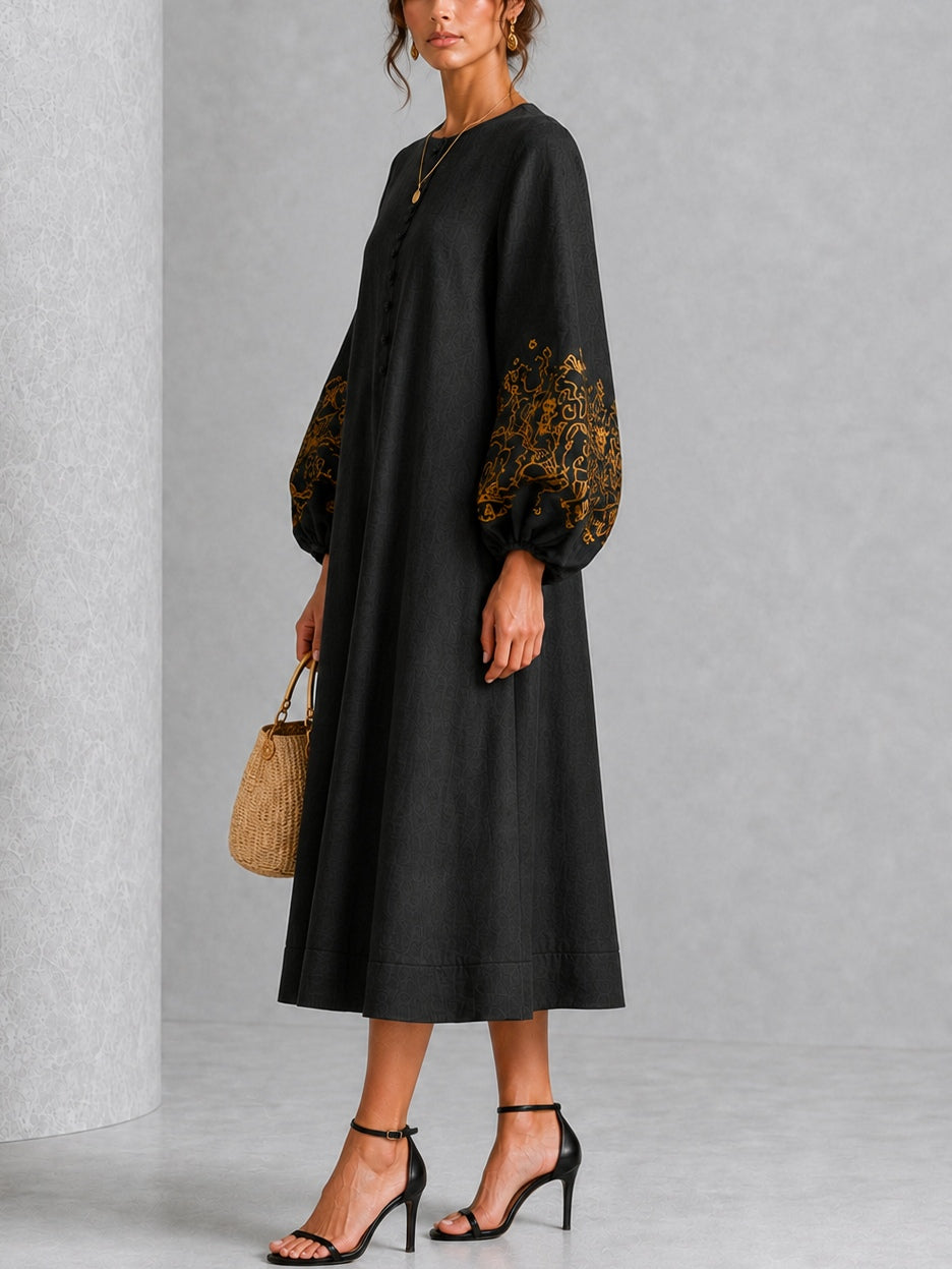 Black Midi Dress with Floral Print and Lantern Sleeves — view 3