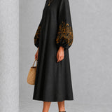 Black Midi Dress with Floral Print and Lantern Sleeves — view 3