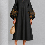 Black Midi Dress with Floral Print and Lantern Sleeves — view 2