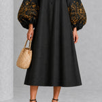 Black Midi Dress with Floral Print and Lantern Sleeves — view 5