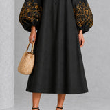 Black Midi Dress with Floral Print and Lantern Sleeves — view 5