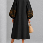 Black Midi Dress with Floral Print and Lantern Sleeves — view 4