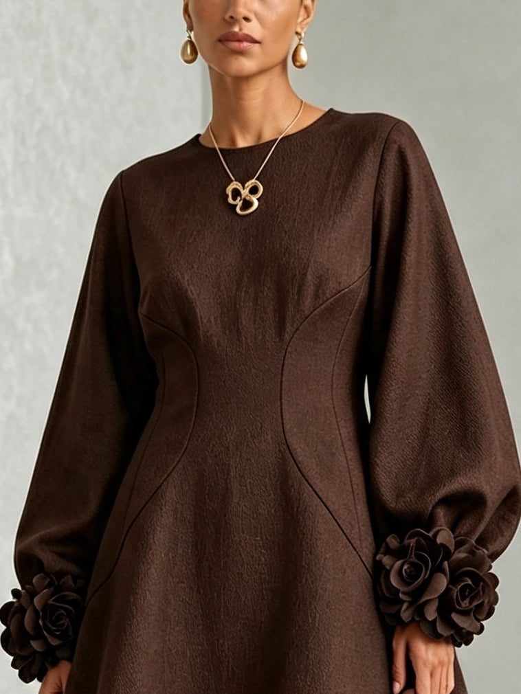 Chocolate Brown A-Line Mini Dress with Floral Cuffs — view 4