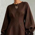Chocolate Brown A-Line Mini Dress with Floral Cuffs — view 4
