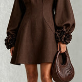 Chocolate Brown A-Line Mini Dress with Floral Cuffs — view 5