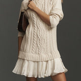 Mini Knit Dress with Braided Pattern, Ivory — view 10