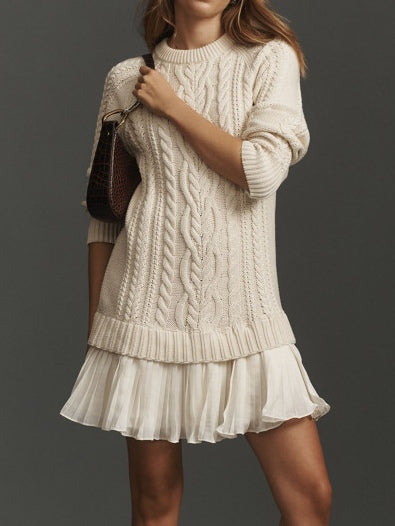 Mini Knit Dress with Braided Pattern, Ivory — view 10