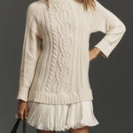 Mini Knit Dress with Braided Pattern, Ivory — view 3