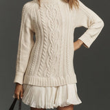 Mini Knit Dress with Braided Pattern, Ivory — view 3