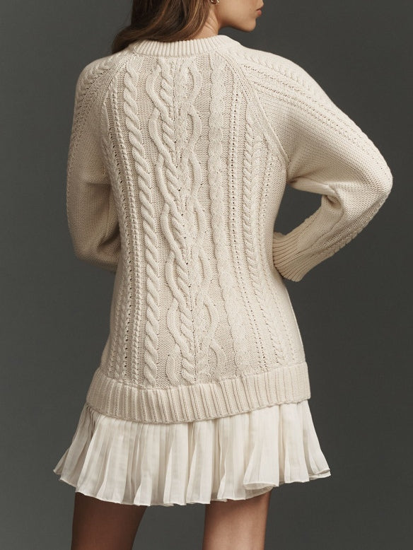 Mini Knit Dress with Braided Pattern, Ivory — view 4
